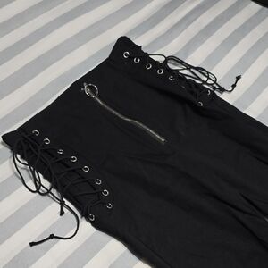 Gothic Black Lace-Up Skinny Pants with Zipper